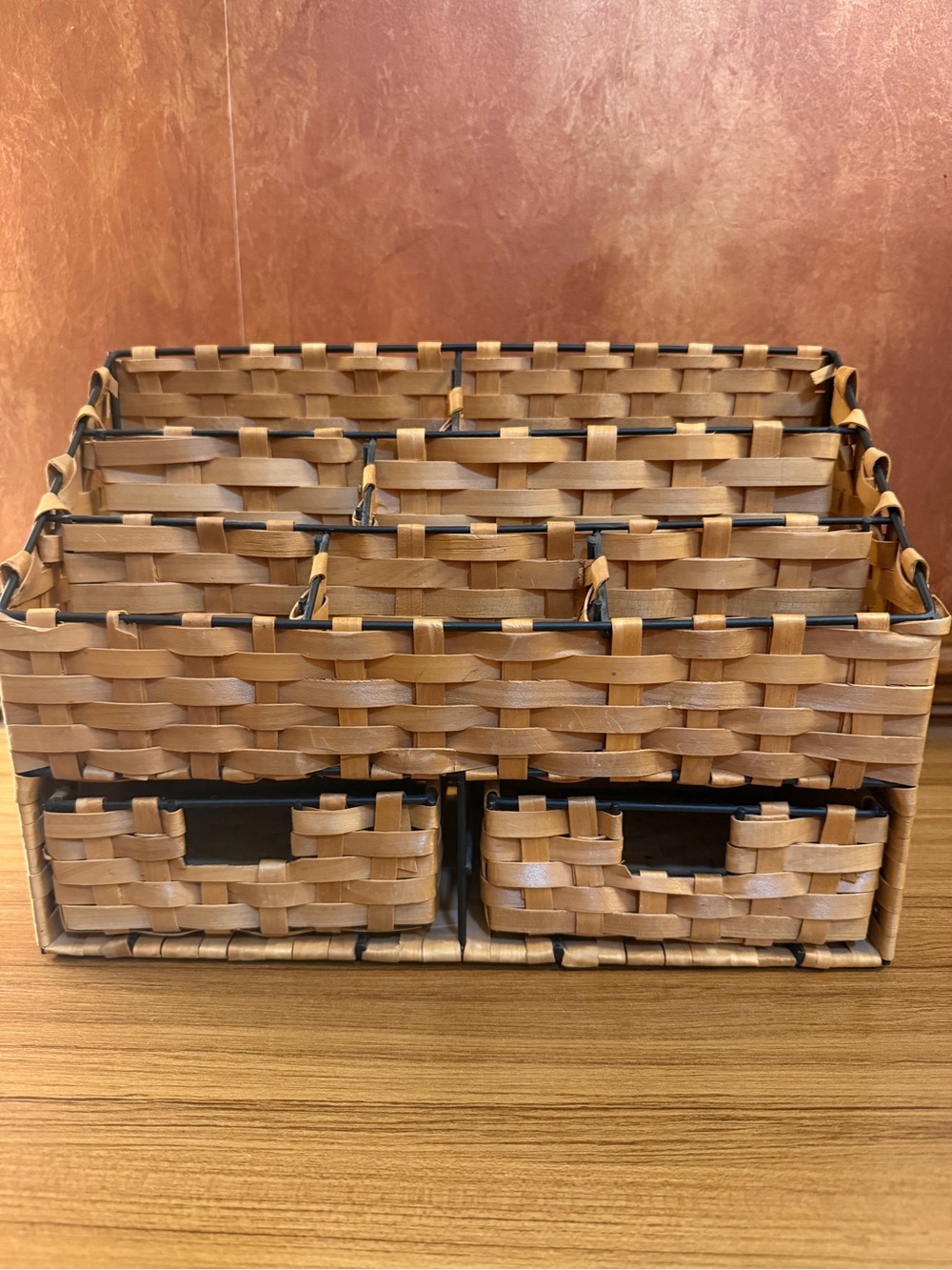Vintage Woven Wood Desk Organizer Mail Sorter 3-Tier File Holder 2 Drawers